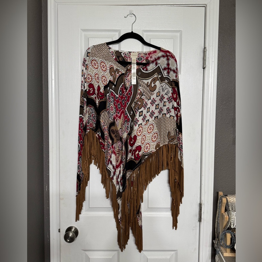Chico's Multicolor Patterned Poncho with Fringe - image 1